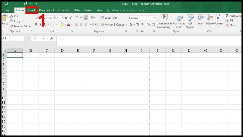Chọn tab Insert trên thanh công cụ Excel