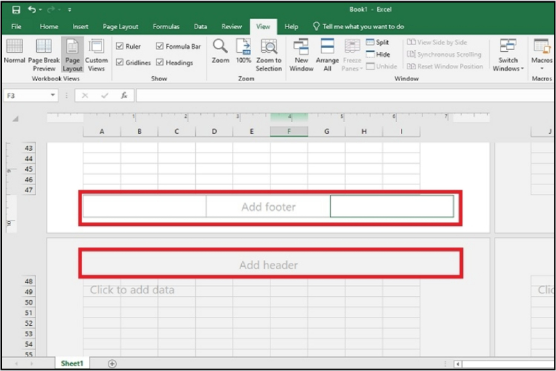 Giao diện thêm Header và Footer trong trang tính Excel
