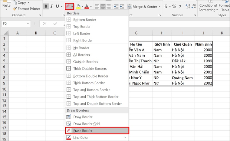 Xóa riêng lẻ đường viền trong Excel