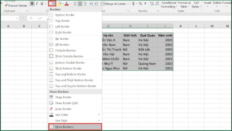 Các bước chọn nét khung viền trong Excel