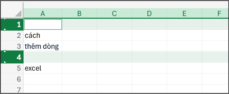 Dòng trống được thêm vào phía trên vị trí đã chọn trong bảng Excel