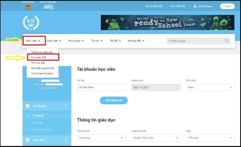 Chọn mục TỰ LUYỆN IOE trên giao diện chính