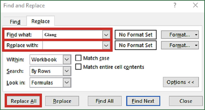 Nhập giá trị cần tìm và chọn Replace All