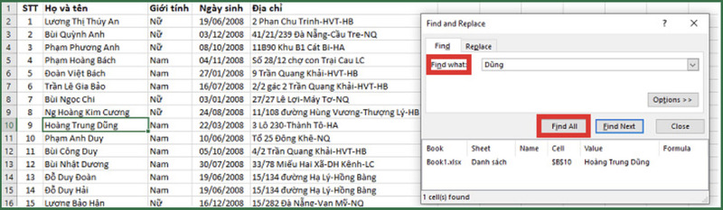Nhập nội dung tìm kiếm vào ô Find