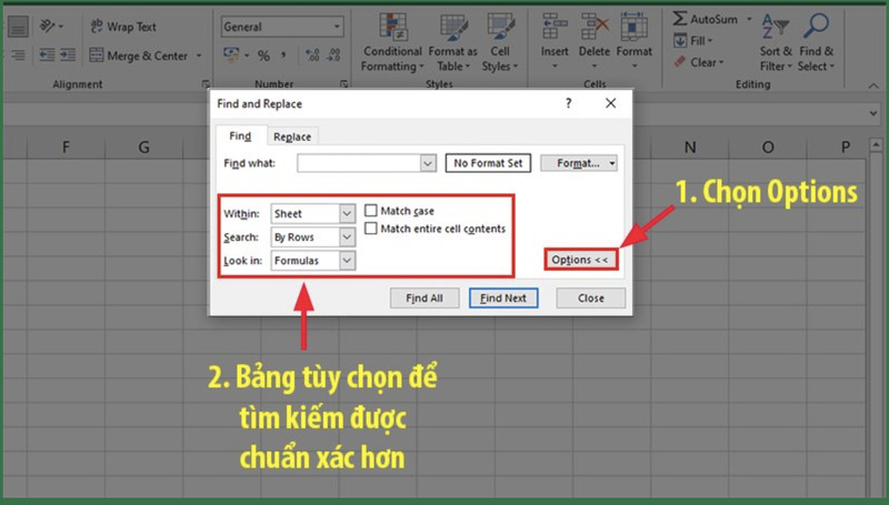 Thiết lập điều kiện tìm kiếm trong hộp thoại