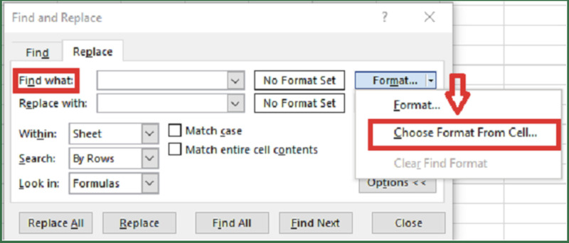 Chọn định dạng mẫu từ Choose Format From Cell