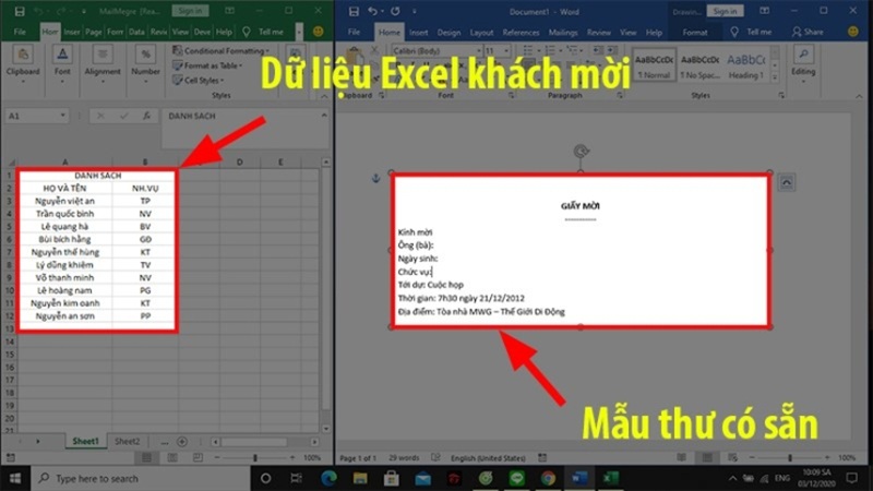 Dữ liệu Excel khách mời và mẫu thư Word dùng để trộn thư