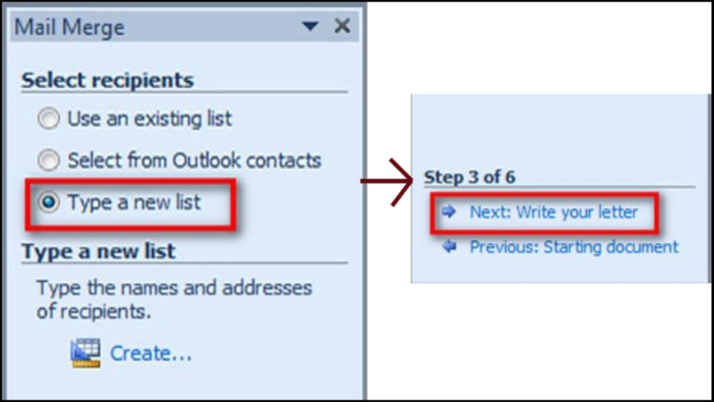 Chọn Type a new list để tạo danh sách mới trong Mail Merge Word