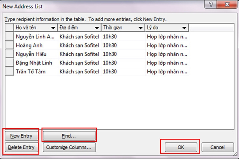Danh sách địa chỉ Mail Merge với tùy chọn thêm