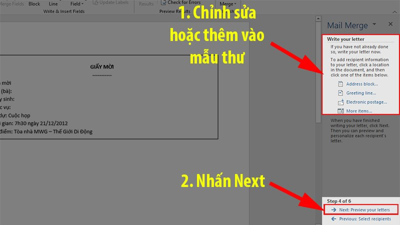 Giao diện chỉnh sửa mẫu thư trước khi trộn trong Mail Merge Word