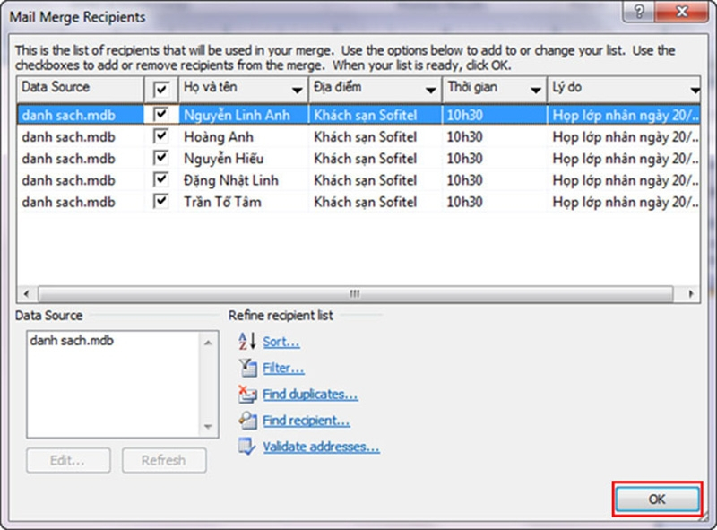 Cửa sổ Mail Merge Recipients cho phép lọc và chọn người nhận thư