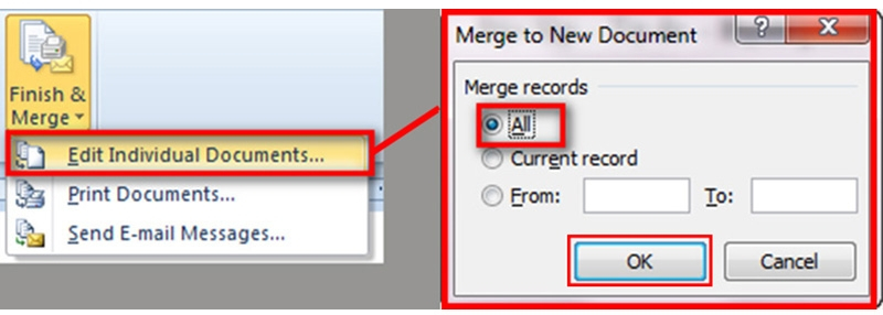 Chọn Edit Individual Documents để hoàn tất trộn thư
