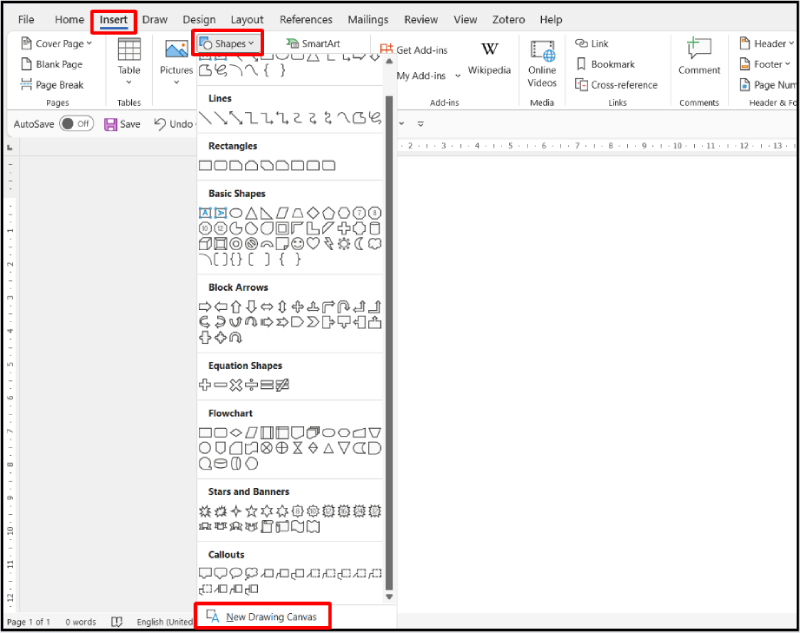 Chọn New Drawing Canvas trong mục Shapes