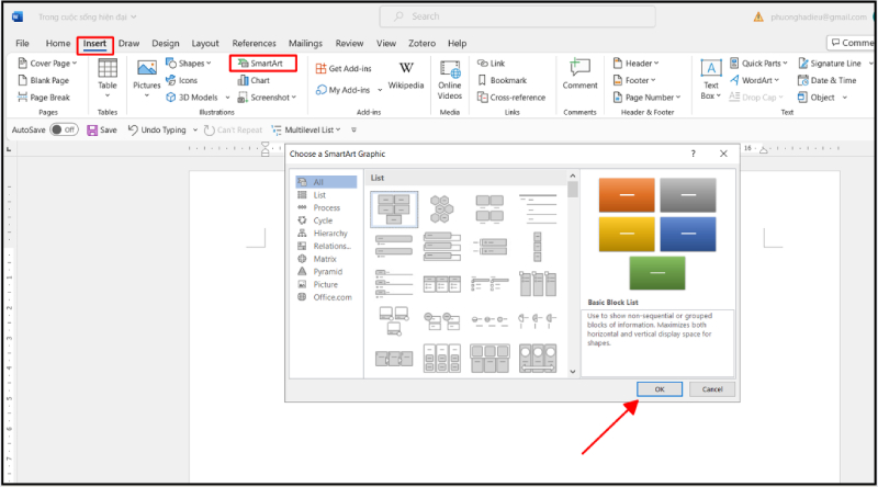Giao diện SmartArt với các khối nội dung để chỉnh sửa