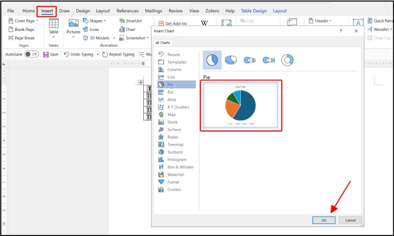 Chọn biểu đồ có sẵn trong Word