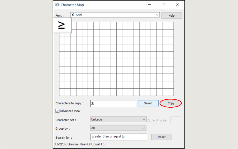 Sao chép dấu ≥ từ Character Map