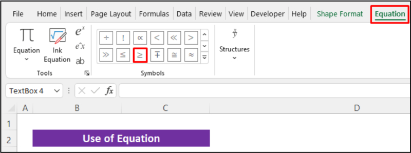 Chèn dấu ≥ trong nhóm ký hiệu của Equation