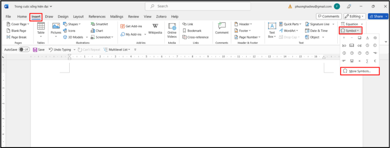 Vào Insert và chọn Symbol để mở bảng ký tự