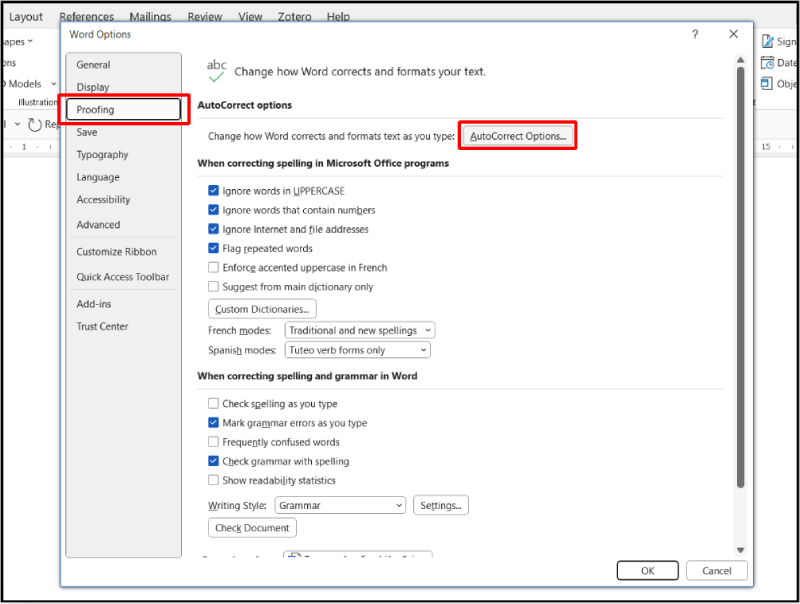 Chọn mục Proofing và mở AutoCorrect Options