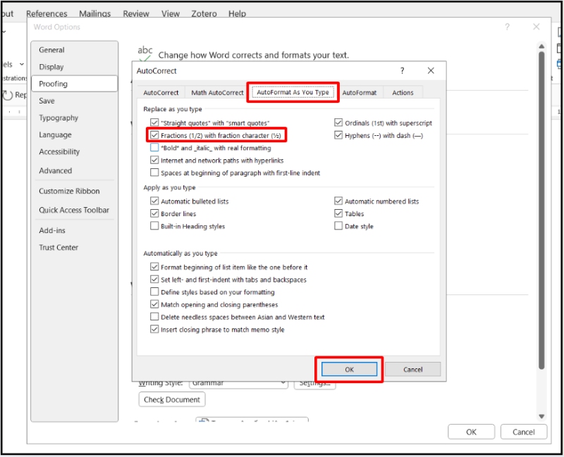 Bật tự động chuyển 1/2 thành ký tự phân số trong AutoFormat As You Type