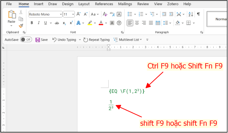 Tạo phân số bằng mã EQ và phím tắt trong Word