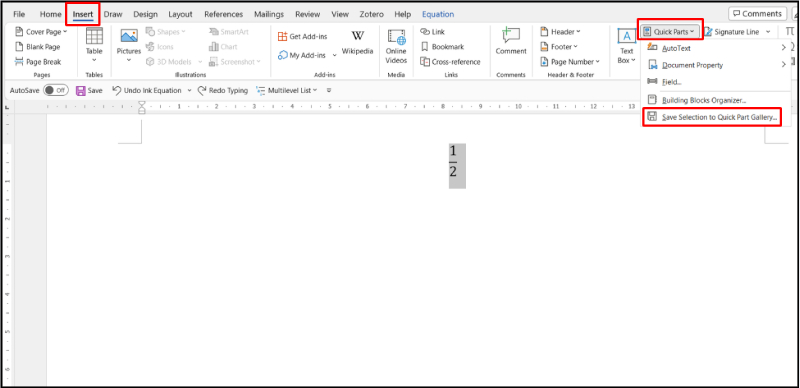 Lưu phân số vào Quick Parts