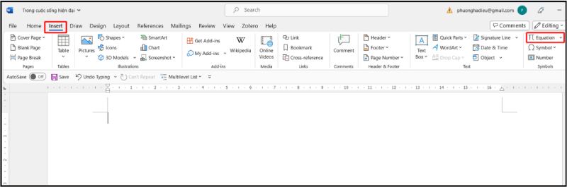 Chọn Insert > Equation trong Word