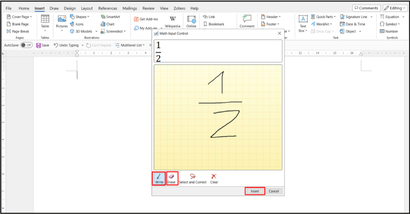 Viết phân số bằng công cụ Ink Equation
