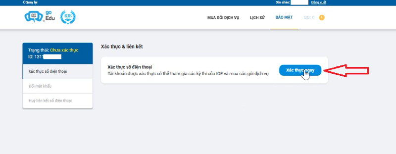 Chọn xác thực ngay để tiếp tục đăng ký bảo mật tài khoản IOE