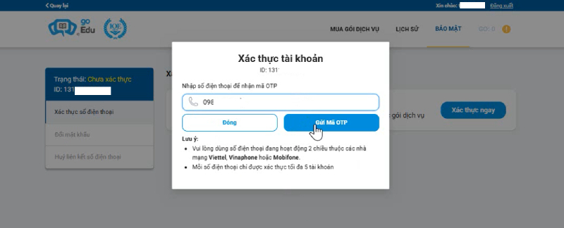 Nhập số điện thoại và bấm gửi mã OTP cho số điện thoại đó