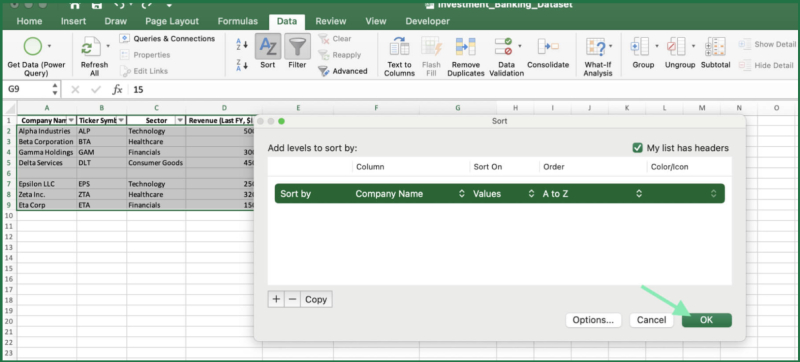 Chọn sắp xếp theo cột Company Name từ A đến Z trong Excel