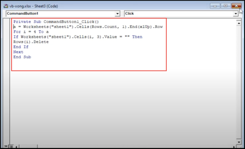 Viết mã VBA xóa ô trống trong cửa sổ Visual Basic