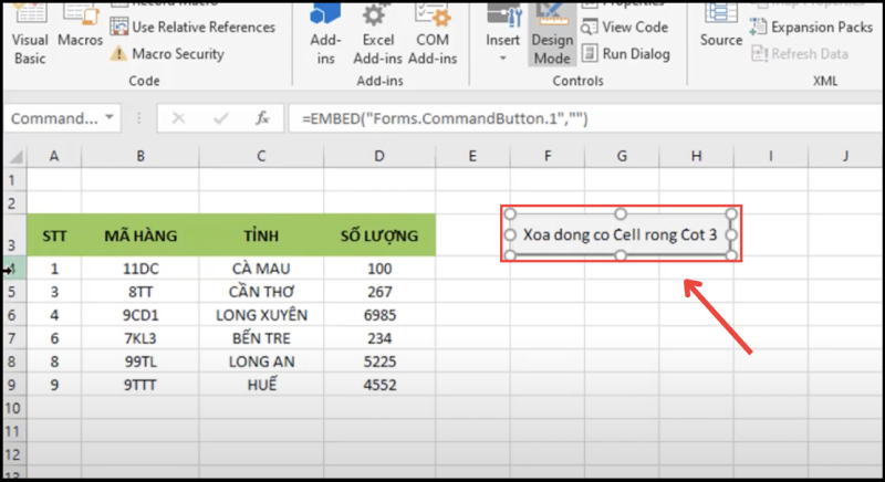 Chạy nút lệnh VBA để xóa hàng chứa ô trống trong Excel