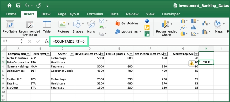 Dùng công thức COUNTA để kiểm tra ô trống