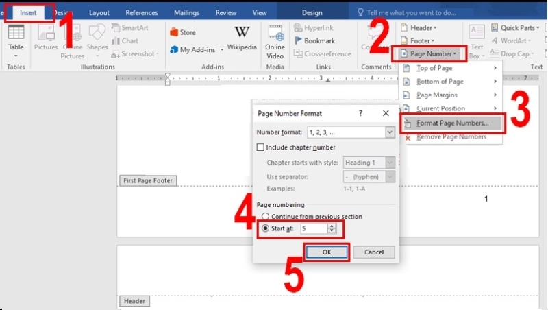 Đặt lại đánh số trang từ vị trí mong muốn