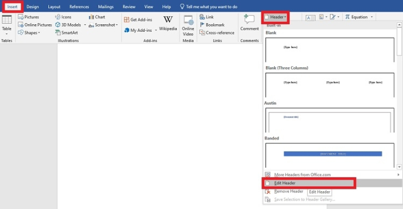 Chọn Edit Header để chỉnh sửa số trang