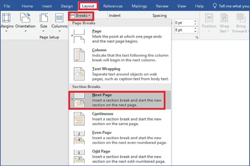 Thêm Next Page Break để tách section Word