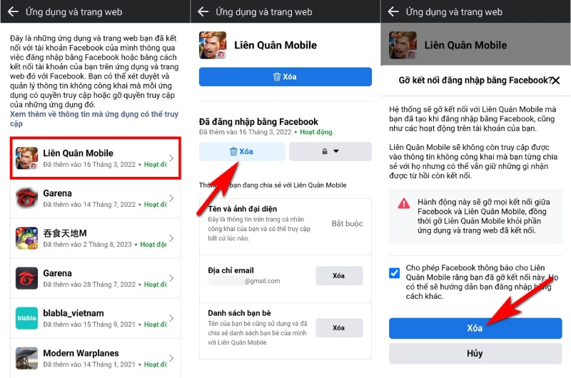 Thực hiện xóa tài khoản Liên Quân thông qua ứng dụng Facebook