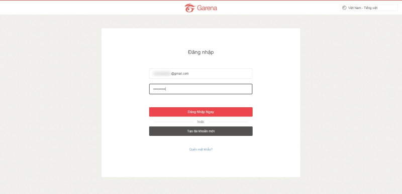 Màn hình đăng nhập tài khoản Garena Liên Quân để xóa tài khoản