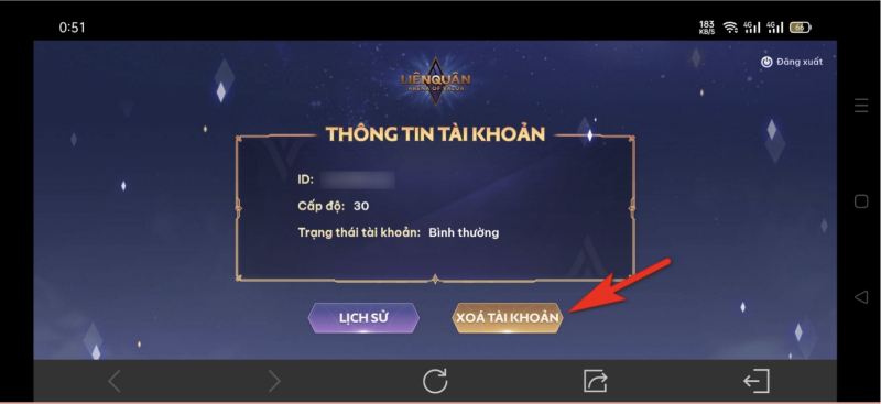 Xác nhận xóa tài khoản liên quân trên điện thoại