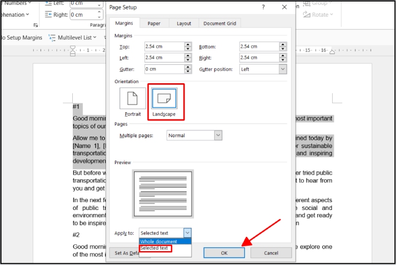 Chọn Landscape trong Page Setup để xoay ngang phần văn bản chọn