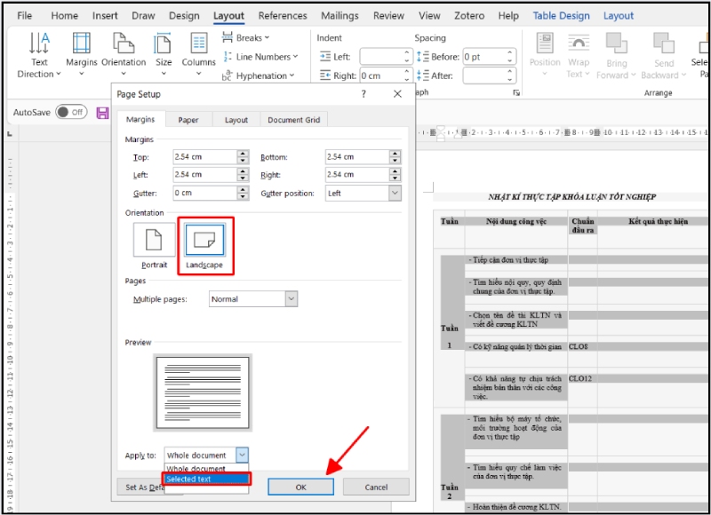 Chọn Landscape và Apply to Selected text để xoay ngang bảng