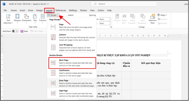 Chèn ngắt đoạn Section Break bằng tùy chọn Next Page trong Word