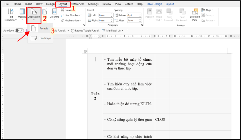 Chọn Layout và Orientation để trở lại hướng dọc Portrait