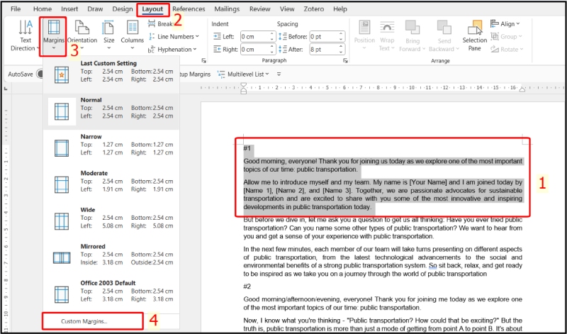 Bôi đen đoạn văn rồi chọn Layout và Margins
