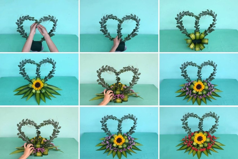 Các công đoạn cắm hoa hình trái tim