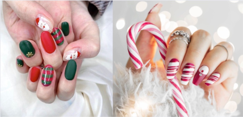 Mẫu Nail sáng tạo với họa tuyết kẻ sọc lấy cảm hứng từ cây gậy của ông già Noel