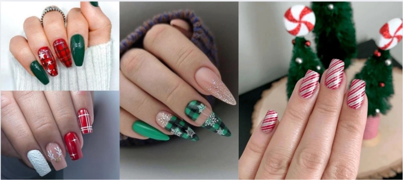 Các mẫu nail với họa tiết kẻ sọc xanh, đỏ