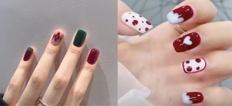 Mẫu nail với hoạ tiết đơn giản như màu trơn, chấm bi trắng đỏ