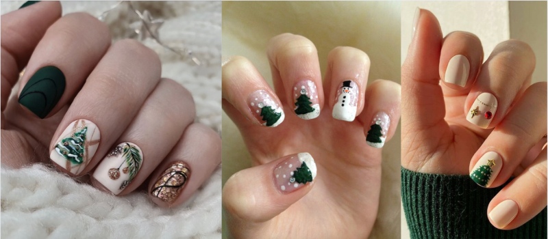 Mẫu nail hoạ tiết cây thông noel màu xanh